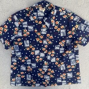Vintage 70s Floral Button Up Shirt Polyester Double Knit Women's USA Made